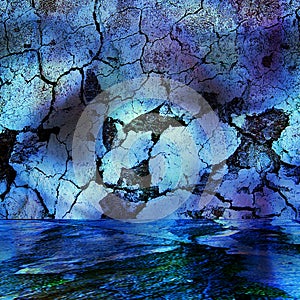 Abstract blue and black background with cracked rock, shadow and water resembling an undersea cave