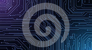 Abstract blue and black circuit board pattern with glowing lines and binary code
