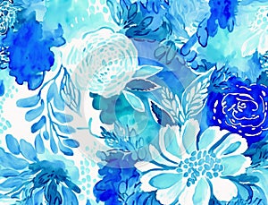 Abstract blue bloom floral pattern background. Painting blossom garden flowers and leaf. Generative AI