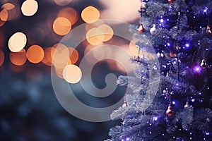 Abstract Blue Christmas Tree with Glittering Stars and Bokeh Lights in Defocused Background