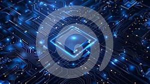 Abstract blue circuit board background with chip and light effec