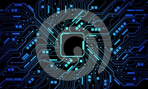 Abstract blue circuit board technology connected lines electronics elements computer motherboard chip processor semiconductor