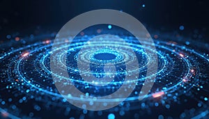 Abstract blue circular background with lines and dots. Futuristic tech design with geometric pattern, glowing elements. Sci-fi