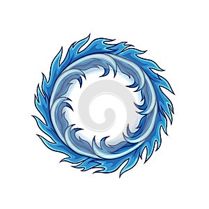 Abstract blue circular frame with decorative leaf elements on white