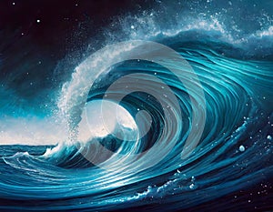 Abstract blue color ola romped wave at night under dark sky on digital art concept photo