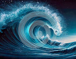 Abstract blue color ola romped wave at night under dark sky on digital art concept photo