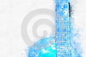 Abstract blue color shape on Acoustic Guitar in the foreground Watercolor painting background