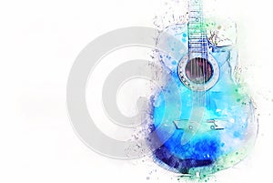 Abstract blue color shape on acoustic guitar on watercolor illustration painting