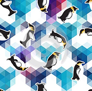 Abstract blue crystal ice background with penguin. seamless pattern, use as a surface texture