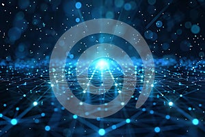 Abstract blue digital background with glowing connections and dots forming an array of interconnected lines, symbolizing glob
