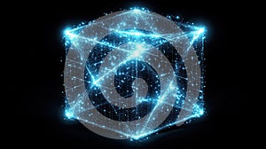 Abstract Blue Digital Cube Glowing Network Lines Technology Background 3D Art Mesh Data Dark Light