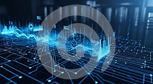 Blue digital data streams and circuit board patterns with graphs technology network