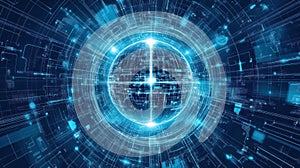 Abstract Blue Digital Globe with Futuristic Network Connections and Data Streams