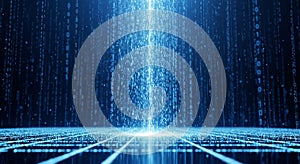 Abstract Blue Digital Matrix of Falling Binary Code and Glowing Grid Lines data technology
