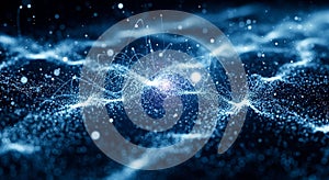 Abstract Blue Digital Network of Glowing Particles and Wavy Lines