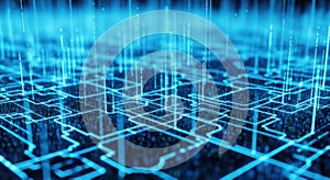 Abstract blue digital network grid with glowing lines represents data flow and connectivity