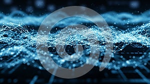 Abstract blue digital network of interconnected points and lines creating a flowing, wave-like pattern