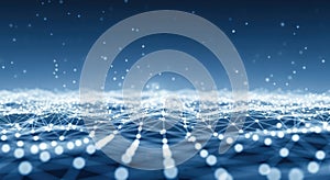 Abstract blue digital network visualization with glowing connections and data flow