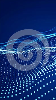 Abstract blue digital particle wave flowing on a dark background, symbolizing data and technology network.