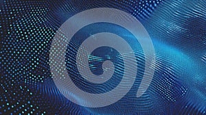 Abstract blue digital particles flow, creating a wave-like motion. Dynamic data visualization background