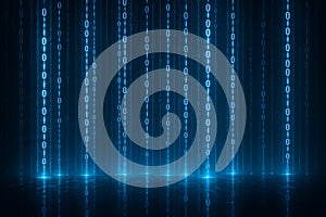 Abstract blue digital rain of binary code cascading on a reflective futuristic surface