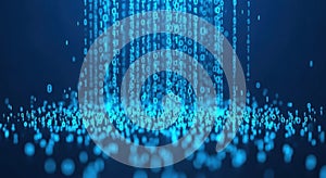 Abstract blue digital rain binary code flowing down abstract data stream technology