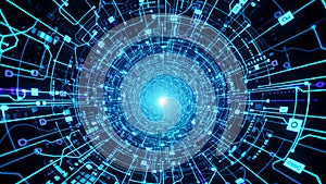 Abstract Blue Digital Tunnel with Circuit Board Patterns and Binary Code vortex cyberspace