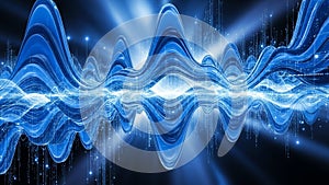Abstract blue digital visualization of sound waves and data streams