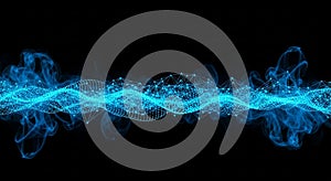 Abstract blue digital wave with glowing particles and smoke-like trails on black background