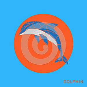 Abstract blue dolphin polygon template on a orange background.
