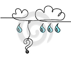 Abstract blue drop with clouds and question mark as line drawing on white
