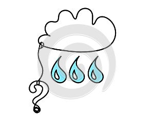 Abstract blue drop with clouds and question mark as line drawing on white