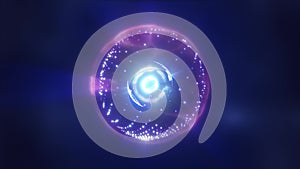 Abstract blue energy sphere with flying glowing bright particles, science