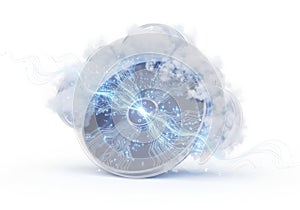 Abstract blue energy sphere with swirling clouds isolated on white background