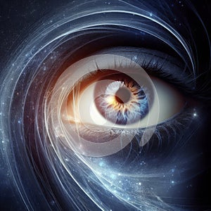 Abstract blue eye with space. An human eye on black background. ai generative