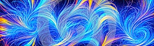 Abstract blue fireworks background with glowing horizontal elements creates futuristic and elegant design. Fractal pattern and