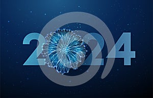 Abstract blue flower and number 2024 Year. Greeting card. Low poly style design. Abstract geometric background.