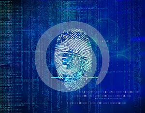 Abstract blue future background binary code and fingerprints photo