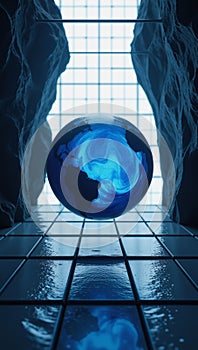 Abstract blue futuristic globe against a gridperspective background