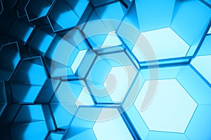 Abstract blue of futuristic surface hexagon pattern, hexagonal honeycomb with light rays, 3D Rendering