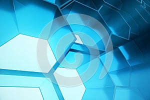 Abstract blue of futuristic surface hexagon pattern, hexagonal honeycomb with light rays, 3D Rendering