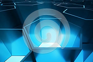 Abstract blue of futuristic surface hexagon pattern, hexagonal honeycomb with light rays, 3D Rendering