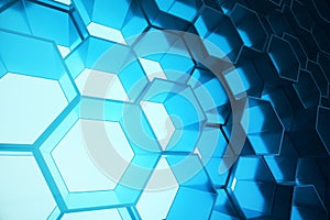 Abstract blue of futuristic surface hexagon pattern, hexagonal honeycomb with light rays, 3D Rendering