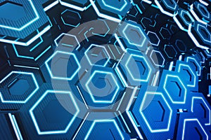 Abstract blue of futuristic surface hexagon pattern, hexagonal honeycomb with light rays, 3D Rendering