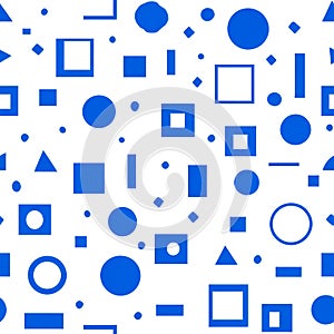 Abstract blue geometric pattern with squares, circles, triangles, and lines