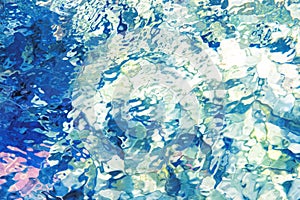 Abstract blue glass background. Rippled water in aquarium. Fresh water surface abstraction. Aqua blue shiny texture