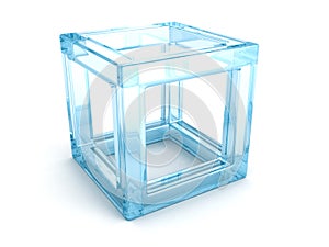 Abstract blue glass 3d cube with shadow