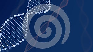 Abstract blue glittering DNA double helix with depth of field. Animation of DNA construction from debrises 3d rendering