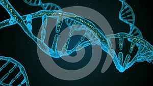 Abstract blue glittering DNA double helix with depth of field. Animation of DNA construction from debrises. Science
