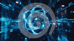 Abstract Blue Glowing Atom Digital Art Energy Technology Futuristic Network Innovation Science Background data